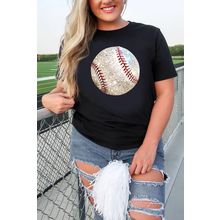 Black Heat Transfer Baseball Print Cotton Blend T Shirt