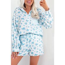 Sky Blue Floral Striped Print Contrast Patched Pocket Shirt and Shorts Set
