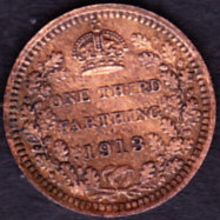 1913 Great Britain 1 Third Farthing Coin