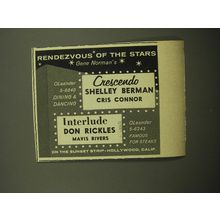 1960 Crescendo and Interlude Clubs Ad - Shelley Berman Cris Connor Don Rickles