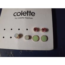 womens 3 pair of stud earrings pink stone, green enamel & opalescent stone