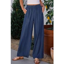 Sail Blue Side Pockets Frilled Smocked High Waist Wide Leg Jeans