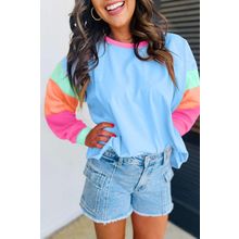 Dark Blue Colorblock Patchwork Long Sleeve Loose Top