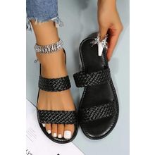 Black Braided Double Band Leathered Flat Slippers