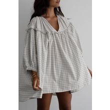 White Stripe Checkered Frilled V Neck Bracelet Sleeve Babydoll Dress