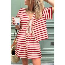 Red Stripe Lace-up Front Top and High Waist Shorts Set