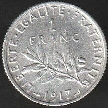 1917 France 1 Franc Silver Coin