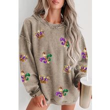 Khaki Mardi Gras Sequin Crown Fleur De Lis Corded Sweatshirt