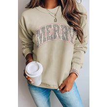 Khaki MERRY Leopard Print Long Sleeve Graphic Sweatshirt