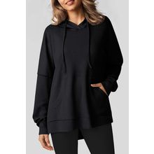 Black Waffle Knit Fleece Lined High Low Oversized Hoodie