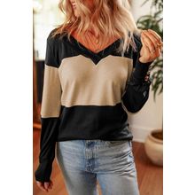 Parchment Colorblock Button Decor Long Sleeve V Neck Top