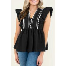 Black Contrast Ricrac Trim Ruffled V Neck Peplum Top