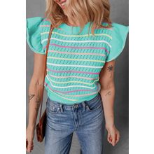 Green Colorful Striped Eyelet Knit Ruffled Sleeve Sweater T Shirt