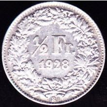 1928 B Switzerland 1 Half Franc Silver Coin