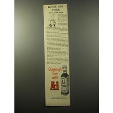 1955 A.1. Sauce Ad - Knife and Fork Dewy-eyed Texan