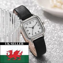 Ladies Small 2.6 cm White Square Face Silver Case Black Leather Strap Watch