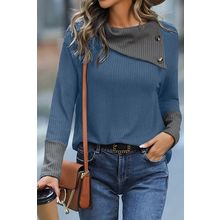 Sail Blue Waffle Knit Patchwork Colorblock Asymmetrical Neck Top