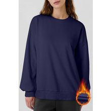 Navy Blue Solid Fleece Lined Drop Shoulder High Low Sweatshirt