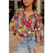 Black Floral 3/4 Puff Sleeve Tied Neck Blouse