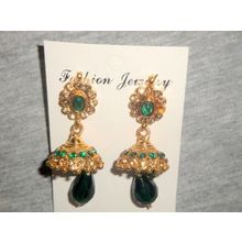 Fabulous emerald green & clear crystal glass golden Jhumka earrings