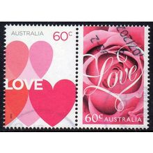 Australia 2014 Romance - Hearts and LOVE / Pink Rose 60c Joined Pair Used