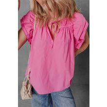 Sachet Pink Shirred Yoke Lace up V Neck Ruffled Sleeve Blouse