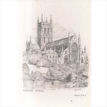 WORCESTER CATHEDRAL postcard Brian Lewis drawing =