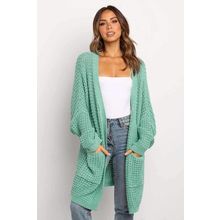 Green Long Line Open Front Knitted Cardigan with Pockets