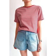 Pink Stripe Crew Neck Casual T Shirt