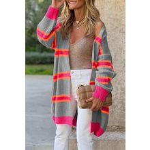 Medium Grey Stripe Printed Ribbed Long Knitted Cardigan