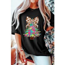 Black Heat Transfer Printing Christmas Tree Bowknot T-Shirt