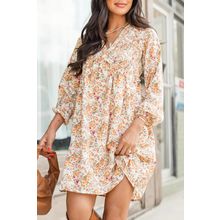 Yellow Boho Floral V Neck Ruffled Empire Waist Long Sleeve Mini Dress