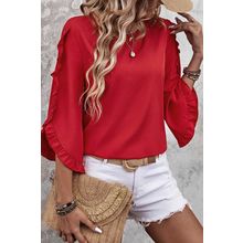 Fiery Red Ruffle Trimmed 3/4 Sleeve Round Neck Blouse