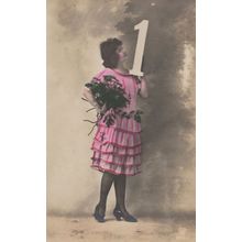 Lady With Big Letter Number One 1 Sign Antique Glamour Postcard