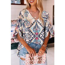 White Abstract Printed Notched V Neck Split Half Sleeve Blouse