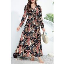 Black Floral Print V Neck Wrap High Waist Maxi Dress