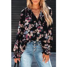Black Wildflower Print Chiffon Blouse