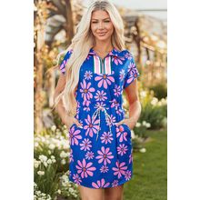 Purple Floral Striped Quarter Zip Cap Sleeve Drawstring Waist Mini Dress