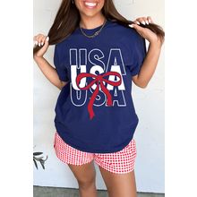 Blue USA Bow Printed Casual Cotton Blend T Shirt