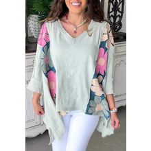 Green Flower Patchwork Exposed Seam Oversized High Low Top