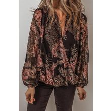 Black Floral Print Criss Cross V Neck Balloon Sleeve Blouse