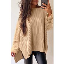Apricot Cable Knit Drop Shoulder Side Slits Loose Sweater