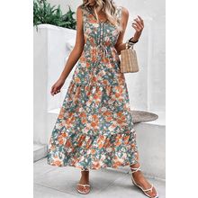 Green Floral Print Trimmed V Neck Tie Waist Sleeveless Holiday Long Dress