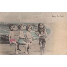 Ready For Sport Children in Edwardian Swimming Fashion Fishing Old Postcard