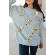 Gray Sequin Baseball Game Day Graphic Casual Sweatshirt