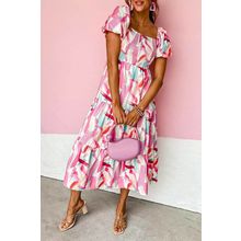 Pink Brush Stroke Printed Smocked Ruffle Tiered Dress