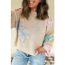 Jet Stream Contrast Flower Detail Colorblock Cuffed Loose Sweater