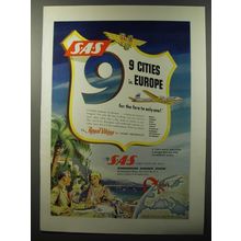 1953 SAS Airlines Ad - 9 cities in Europe for the fare to only one