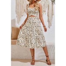 Women's Square Neck Leopard Cut Out Elastic Waist Dress