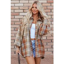 Khaki Plaid Colorblock Patchwork High Low Shacket